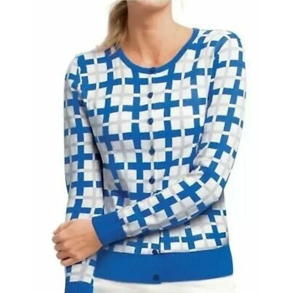 Cabi Cardigan Frame Plaid Sweater Top Size S Button Up Blue Gray White EUC B10